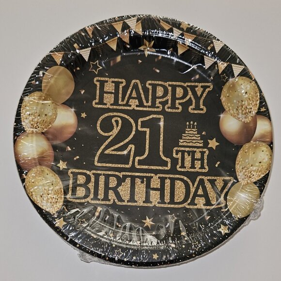 NEW Happy 21th 21st 21 Birthday Party Decor Plates Napkins Forks Lot Black Gold - Picture 3 of 11